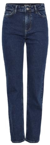 PIECES Women's Pckelly Mw Straight Jeans Db502 Noos, Dark Denim Blue, 27W x 32L