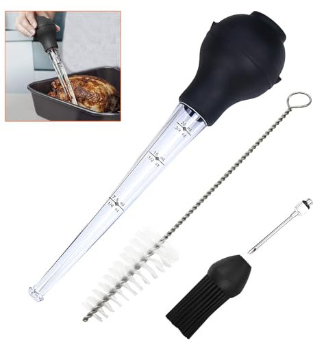 AUSYIWI Viande de Seringue, Poire à Sauce Poulet Turquie Barbecueavec Brosse de Nettoyage, Pinceau de Silicon y Aiguille d'Injecteur, Pipette pour Barbecue, Bœuf, Bacon, Poulet, Porc, Dinde (Noir)