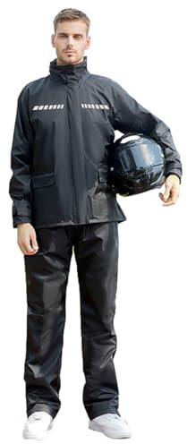 Harssidanzar Hommes Combinaison de pluie pour moto Veste de pluie légère et pantalon de pluie avec bandes réfléchissantes pour la pêche Randonnée SM301EU,Noir,Taille L