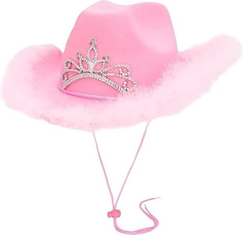 Toyland® Chapeau de cowboy rose 38 cm (15) avec lumières LED clignotantes et bordure en plumes - Festivals, concerts, déguisements et accessoires pour enterrement de vie de jeune fille