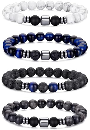 RANKEEF Bracelet Oeil de Tigre pour Hommes 8MM Ensemble de Bracelets de Perles de Pierre Naturelle Bracelets de Pierre de Lave Extensibles Bracelet de Perles de Cristal Noir réglable pour Hommes