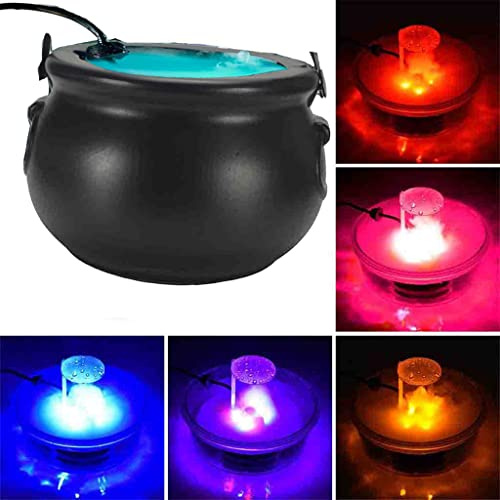 Halloween Witches Cauldron, Black Cauldron Pot Fog Maker, LED Mist Maker with 12 Color Light Change, Pond Fogger Misting Cauldron Sprayer Machine for Halloween Holiday Party Decorations