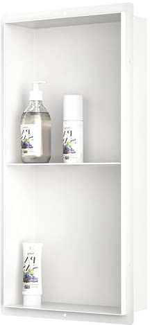 Bernkot Stainless Steel Shower Niche, 30×60cm No Tile Needed Wall Niche Double Shelves,Recessed Shower Shelf for Bathroom Storage Soap Shampoo, White