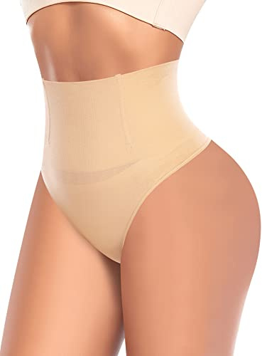 Werena Tummy Control Thong Shapewear for Women High Waist Shaping Panties Girdle Seamless Slimming Body Shaper Underwear （#1 Beige-5,S）