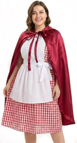 Disfraz de Caperucita Roja para mujer, grande, vestido a cuadros rojo y blanco con delantal blanco adjunto, capa roja larga con capucha, disfraz de cuento de hadas para el Día Mundial del Libro para