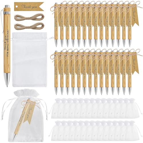 TZEKING Lot de 30 Stylos à Bille avec Carte Pochette en Organza,Cartes de Remerciement et Ficelle de Jute Naturelle,Bonheur pour Collègues,Cadeaux de Remerciement,Les Cadeaux de Remise de Diplôme
