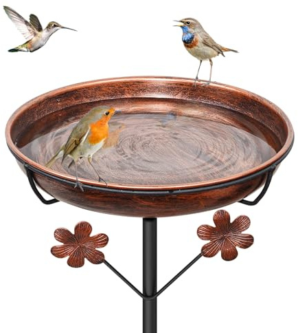 FaloStwer Metal Bird Bath for Outside, Freestanding Birdbaths Bowl Outdoor with Iron Stake, Vintage Spa Birdfeeder Feeder Bowl for Garden Patio Yard Lawn Decor, Easy to Clean(Vintage Brown, Flower)