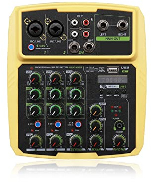 Digital mixer, 4-kanalers ljudmixergränssnitt Professionell Studioinspelning Ljudkort Mixerkonsol Mikrofon 48V Phantom Power För musikproduktion(Giallo)
