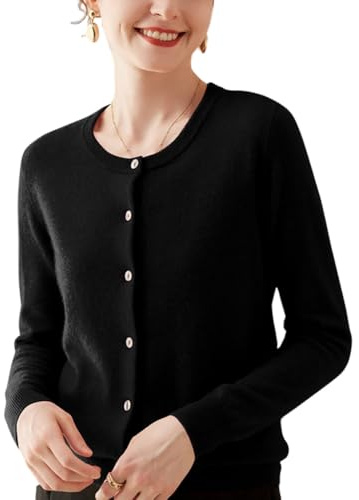 DISSA Gilet Cachemire Femme Col Rond Uni Gilet Tricoté en Vrac Manches Longues Fin Cardigan en Cachemire et Laine,Noir,EU 42,MA908
