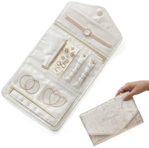 Tel Charme * White Travel Jewelry Organizer Roll – Foldable Jewelry Storage Case with Multiple Sections for Earrings, Rings, Necklaces & Bracelets, Portable Jewelry Pouch (White)