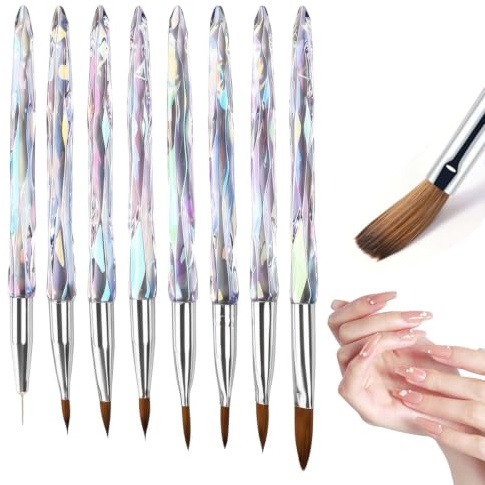 8pcs Pinceles para Uñas, Pincel Acrilico Uñas Set, Kit Uñas Acrilicas Profesional, Tamaños 4/6/8/10/12/14, Incluye 6 Pinceles Gel UV, 1 Pincel Delineador y 1 Pincel de Cristal