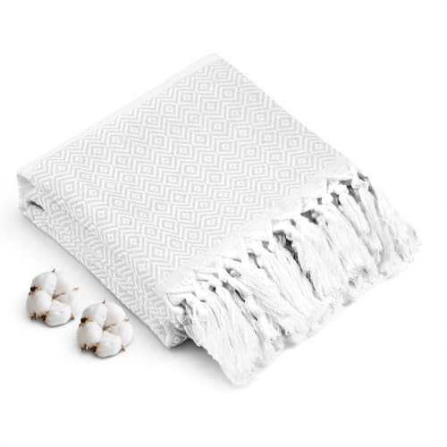 AOOTE Hamamhandduk av 100% bomull, 180x100 cm Lätt strandhandduk, turkiskt bastuhandduk, suger starkt och torkar snabbt, för strand, bastu, yoga, picknick, wellness, spa, damer & herrar, vit