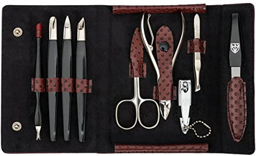 DREI SCHWERTER Germany Nagelpflegeset Nageletui 'Grosseto' - 9-tlg. aus weinrotem Kunstleder, Inhalt: Hautschere, Nagelzange, Saphirnagelfeile, Nagelknipser, Pinzette und vieles mehr!