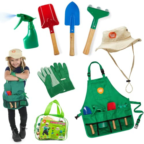 Born Toys Kids Garden Set for Boys & Girls Ages 3-7, Toddler Gardening Kit with Kids Gardening Tools - Gardening Apron, Gloves, Hat, Working Spray Bottle, Trowel Shovel & Rake, Outdoor Activity Toys