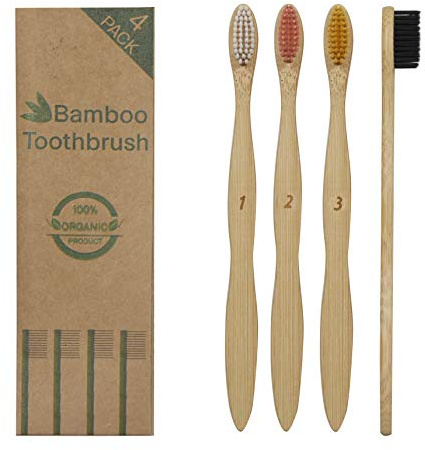 Bambu tandborste, högkvalitativ 4-pack BPA-fri miljövänlig bambutandborste, mjuk/medium borstar, 100 % återvinningsbar av Planet 8