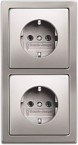 Komplett-Set Busch-Jaeger (Original) PUR Edelstahl, 2-fach Rahmen mit 2 integrierten Steckdosen in PUR Edelstahl (20EUC-866)