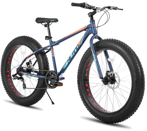 Hiland 26 Inch Fat Tire Mountain Bike for Boys and Girls, 7-Speed Mountain Bike, Double Disc Brake, Beach And Snow Bike Blue