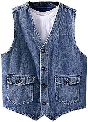 Britannico Mens Denim Gilet Vintage Casual Senza Maniche Giacca, Outwear Cardigan Gilet Autunno V-Collo Jeans Gilet, Blu, L