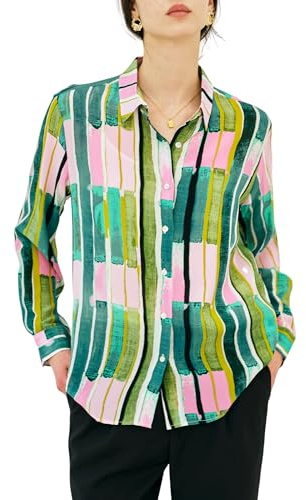 Women's 100% Pure Silk Blouse Long Sleeve Button Down Shirt Spring Summer Elegant Floral Striped Tops Women Smooth Blouses,Pink Green,L