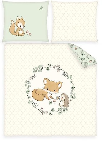 Herding Wiegenbettwäsche-Set Waldfreunde Fuchs, Kopfkissenbezug 35 x 40 cm mit Hoteleinschlag, Bettbezug 80 x 80 cm mit Hoteleinschlag, Baumwolle/Renforcé, Beige/Grün