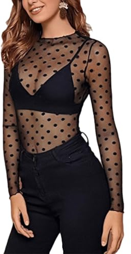ORANDESIGNE T-Shirt Femme Mesh Blouse Sexy Transparente Tops Moulant à Manches Longues Clubwear Haut Voile Col Rond Serrée Elastique Fishnet Tee Shirt G Noir S