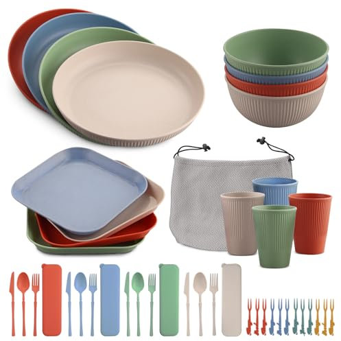 FUNYKICH 44pcs Camping Geschirr Set für 4 Personen, Leicht & Unzerbrechlich & Wiederverwendbar Geschirrsets mit Schüssel, Teller, Esslöffel, Essgabel, Becher und Taschen für Picknick, Camping