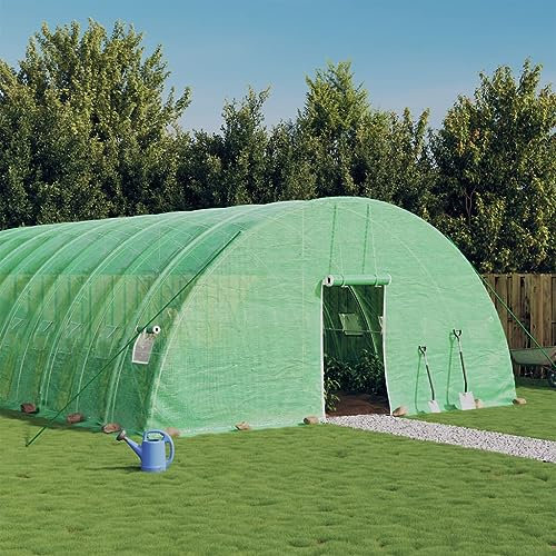 Homgoday Greenhouse with Steel Frame, Foil Greenhouse, Tomato Greenhouse, Tunnel Greenhouse, Polytunnel, Tomato House with Zip Door and 4 Roll-Up Windows, Green, 60 m², 10 x 6 x 2.85 m