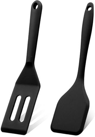 2PCS Mini Silicone Brownie Serving Spatula Set Flexible Non stick Serve Turner Heat Resistant Cooking Spatula for Flip Eggs Crepe Steak Pizza Kitchen Utensil (Black)