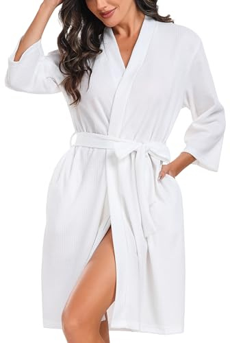 Lovasy Peignoir Court Femme en Tricot Gaufré Robes de Chambre Doux et Léger Longueur du Genou Loungewear Col V avec Ceinture A Blanc L
