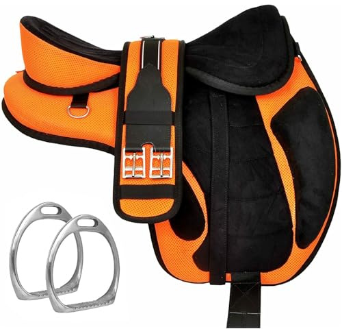 Sazaar Tack Sella per Cavallo Inglese Freemax Senza Albero Sintetica con Circonferenza Abbinata e staffe in Alluminio Set Coppia (Sedile da 17 Pollici, Arancia)
