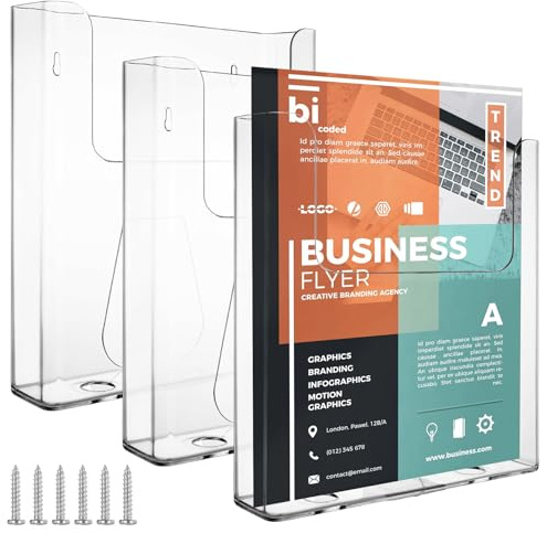 VIDETOL 3 soportes para folletos de pared A4, acrílico, transparente, con tornillos para folletos, menús, catálogos y folletos