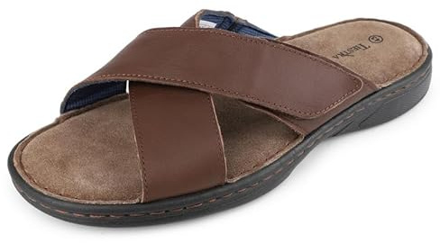 TIESTRA Sandali da Uomo in Vera Pelle con Nastro Magico e Dita a Vista,Pantofole Estive,Morbide e Casual,Antiscivolo,Suola in Gomma,Spiaggia Esterna Marrone