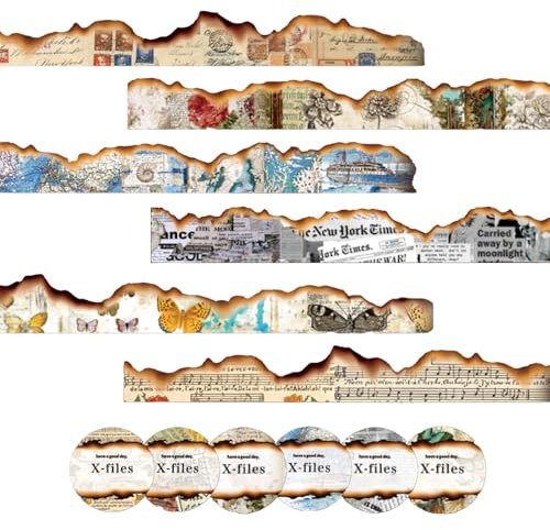 Bvxchg 6 Rollen Vintage Burnt Looking Edge Washi Tape Set Washi Tape Schmetterling Scrapbook Aufkleber Vintage Aufkleber für DIY Handwerk Scrapbook Dekoration (Retro Muster)
