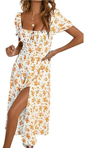 Robe Longue Boheme Grande Taille Mi Longue Fluide Robe Longue Femme Ete Légère Manches Courtes Robe Ete Femme Longue Boheme col Carré Robe Femme Chic Et Elegant Decontractée Bretelle Robe Jaune XL