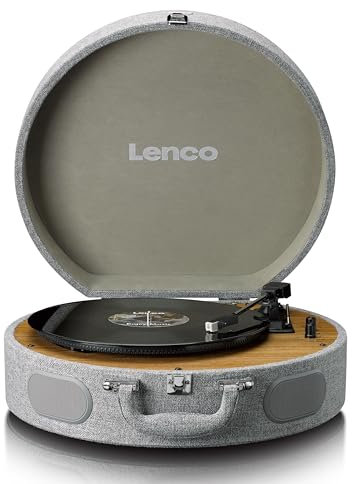 Lenco LS-66 Plattenspieler - Bluetooth® Empfang & Übertragung, 2 integrierte Lautsprecher, AT3600 Magnettonabnehmer, Riemenantrieb, Auto-Stop, 33/45 U/min, RCA-Anschluss, Holzgehäuse - Grau