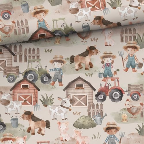 50 x 150 cm, tessuto di cotone per bambini con animali, ragazze, ragazzi e trattori, tessuti per bambini in 100% cotone, tessuti da cucire, 0,5 m, tessuto di cotone di alta qualità, non al metro