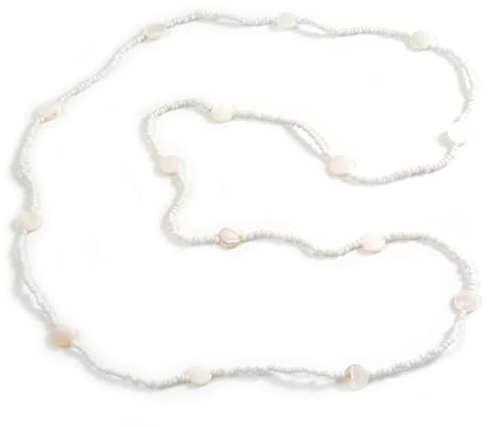 Avalaya snövita glasfröpärlor med vita snäckor runda accenter långt halsband – 110 cm, inget spänne, 25 g – enkel slip-on design, En storlek, glas, snäckskal, Ingen ädelsten