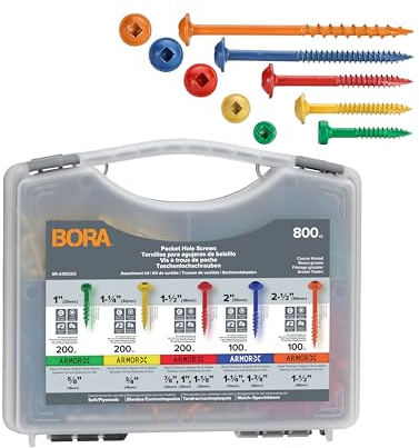 BORA – 800-teiliges Schraubenset mit Grobgewinde | Farblich gekennzeichnete Pocket-Hole-Schrauben für Holz | In praktischer Sortierbox