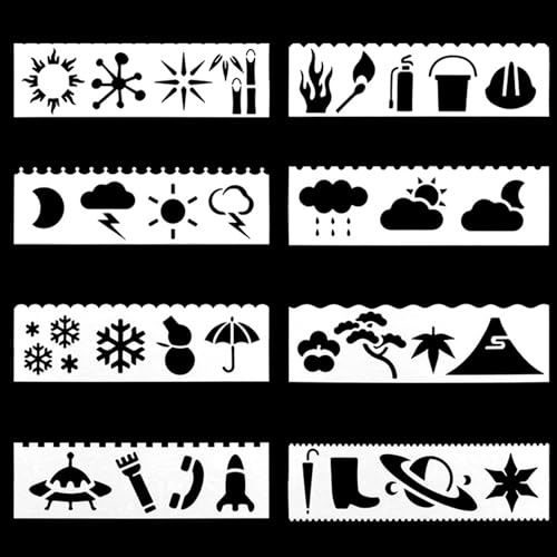 Biglumin 8pcs Pochoirs motifs météo décoration textile creux papier journal main,pochoirs de dessin animé peints,pochoirs règle pour décoration murale DIY pour peinture pour enfants