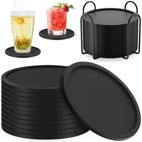 12Pcs Sottobicchieri Silicone Set con Supporto, Sottobicchieres Antiscivolo Isolati Rotondi, Sottobicchiere Protezione Tavolo, Sotto Bicchieri Tavola per Caffè, Birra, Bottiglie Vino, Tazze Tè (Nero)