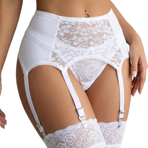 Eagerlove Porte Jarretelles Femme en Dentelle Florale Saint Valentin Taille Haute avec 6 Lanières et Clips Métalliques pour Bas Autofixants