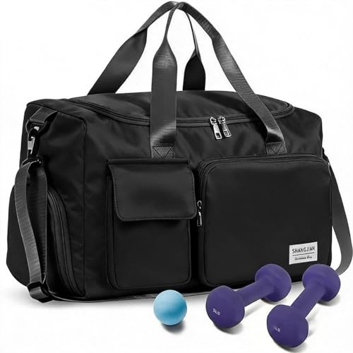 Mens Womens Sports Gym Bag Duffle Bag with Shoes Compartment, Water Resistant Holdall Hospital Bag for Swimming, Weekend Travel Bag Overnight Bag for Women (Black)