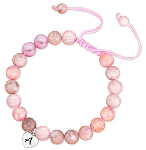 Esmoly Natural Stone Crystal Healing Bracelet for Women Ladies Heart Initial Letter Pink Zebra Stone Bead Bracelet Gifts for Women Girls (Silver A)
