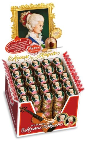Reber Constanze Mozart-Kugeln, 100er Aufstellkarton, Mozart-Kugeln aus Alpenmilch Schokolade, Gefüllt mit Pistazien, Marzipan, Mandeln, Haselnuss-Nougat, 2 kg (100 Constanze Mozart-Kugeln)