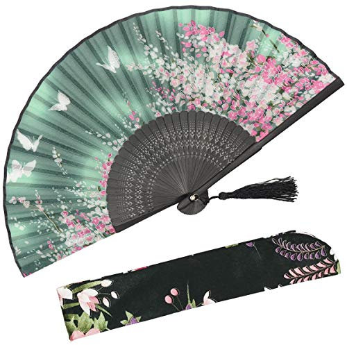 OMyTea Sakura Chinese/Japanese Women Hand Held Silk Folding Fans with Bamboo Frame - With a Fabric Sleeve for Protection (WZS-2)