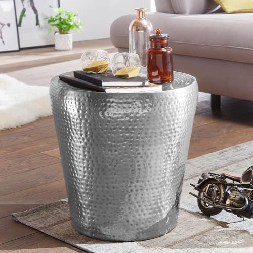 FineBuy Beistelltisch rund 41 cm Metall Silber - Orientalischer Design Wohnzimmertisch Aluminium - Hammerschlag Alu Kleiner Couchtisch - Dekotisch