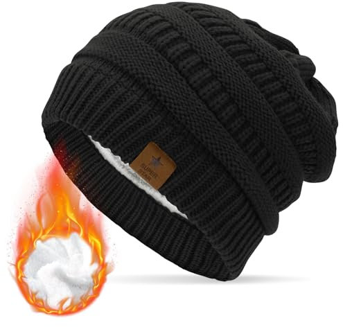 Durio Mütze Damen Winter Strickmütze Grobstrick Warme Beanie mit Innenfutter A Schwarz