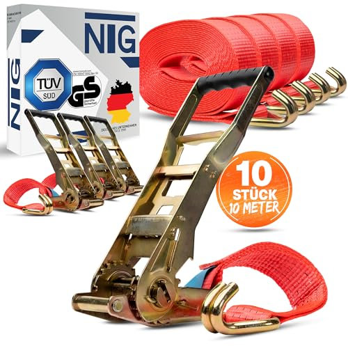 10 unidades de 5000 kg 10 m correas tensoras con trinquete Ergo y ganchos homologados TÜV/GS, correas de amarre, 2 piezas, correa de amarre para camiones, 50 mm