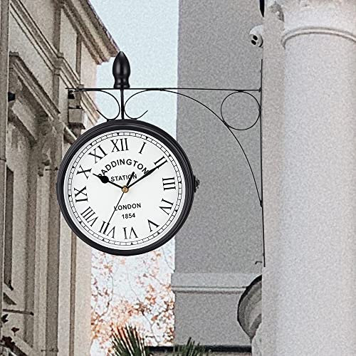 NEWIMAGE Doppelseitige Uhr 21 Zentimeter Metall Bahnhofsuhr Wasserdicht Wanduhr Hängende Retro Gartenuhr Rund Dekoruhr mit Wandhalterung für Zimmer Haus Außenbereich (Schwarz)