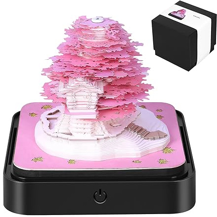Calendario da scrivania con luci, calendario 3d 2026, 3d calendar 2026 da scrivania calendario 3D memo pad carta arte sakura albero creativo 3D blocco note carta intaglio regalo decorazione desktop